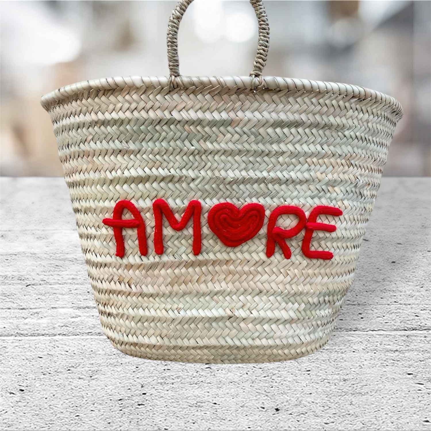 Borsa in paglia grande per la spiaggia con scritta Amore