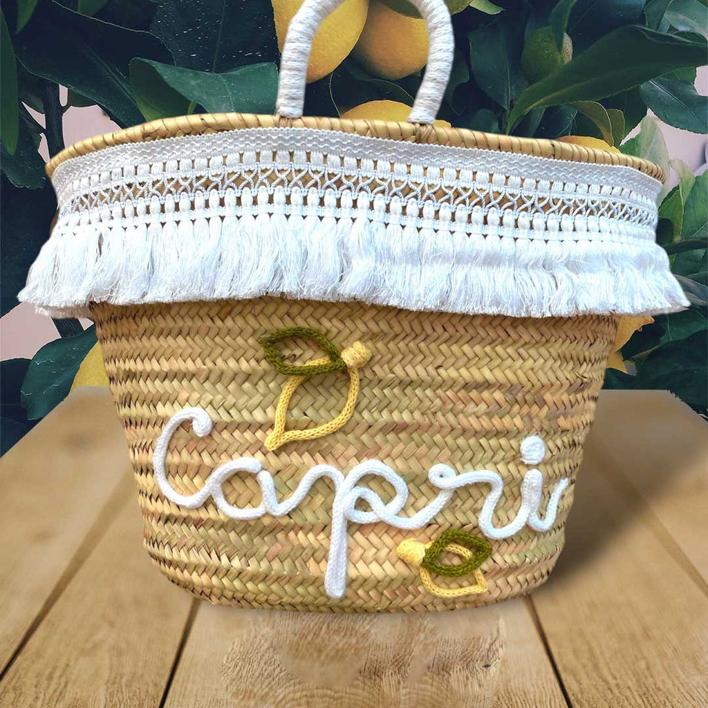 Borsa da spiaggia in paglia Capri con limoni personalizzabile
