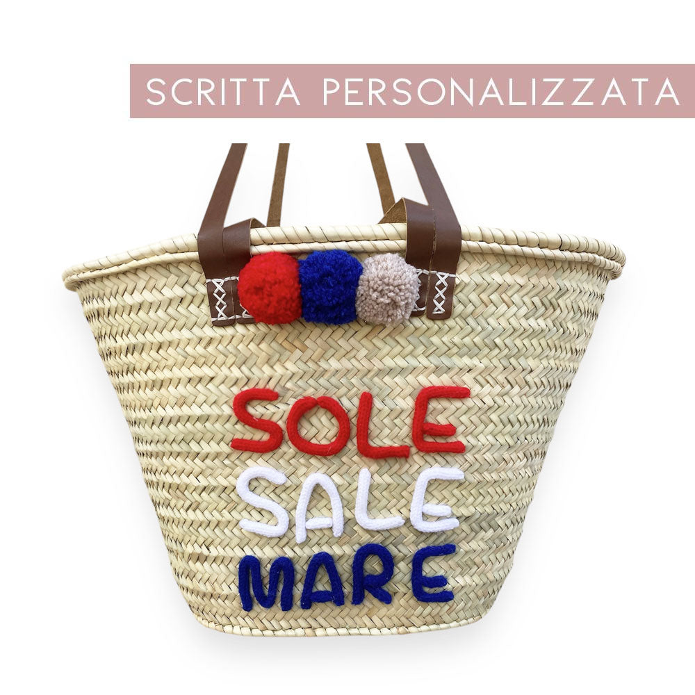 Borsa grande in paglia personalizzata con scritta e manici in pelle