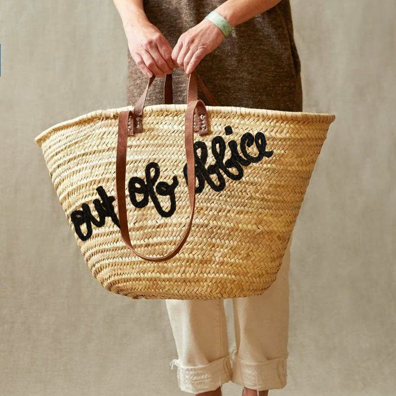 Borsa grande in paglia personalizzata con scritta e manici in pelle