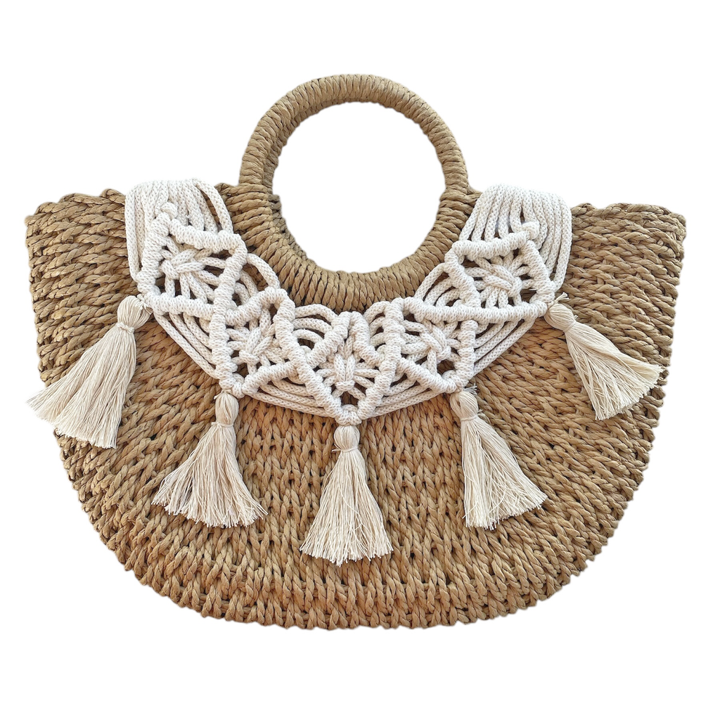 Borsa in paglia e macramè Boho con frange
