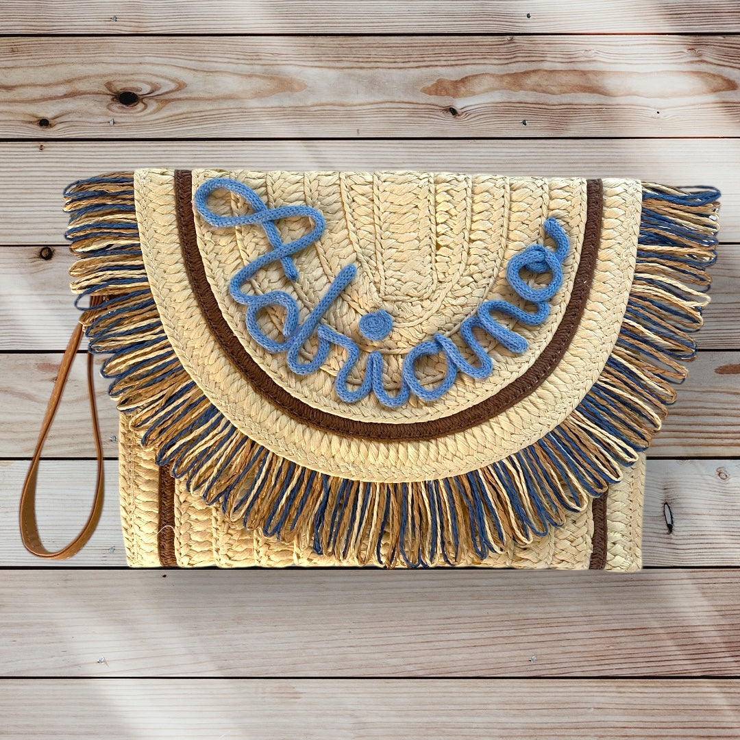 Pochette in paglia Panama blu con scritta personalizzata