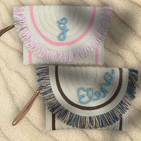 Pochette in paglia Panama rosa con scritta personalizzata