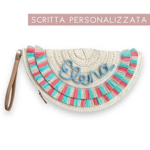 Borsa pochette in paglia con frange colorate e nome personalizzato
