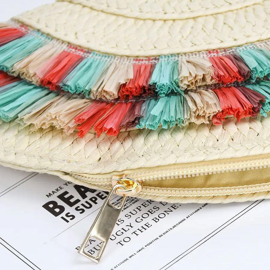 Borsa pochette in paglia con frange colorate e nome personalizzato