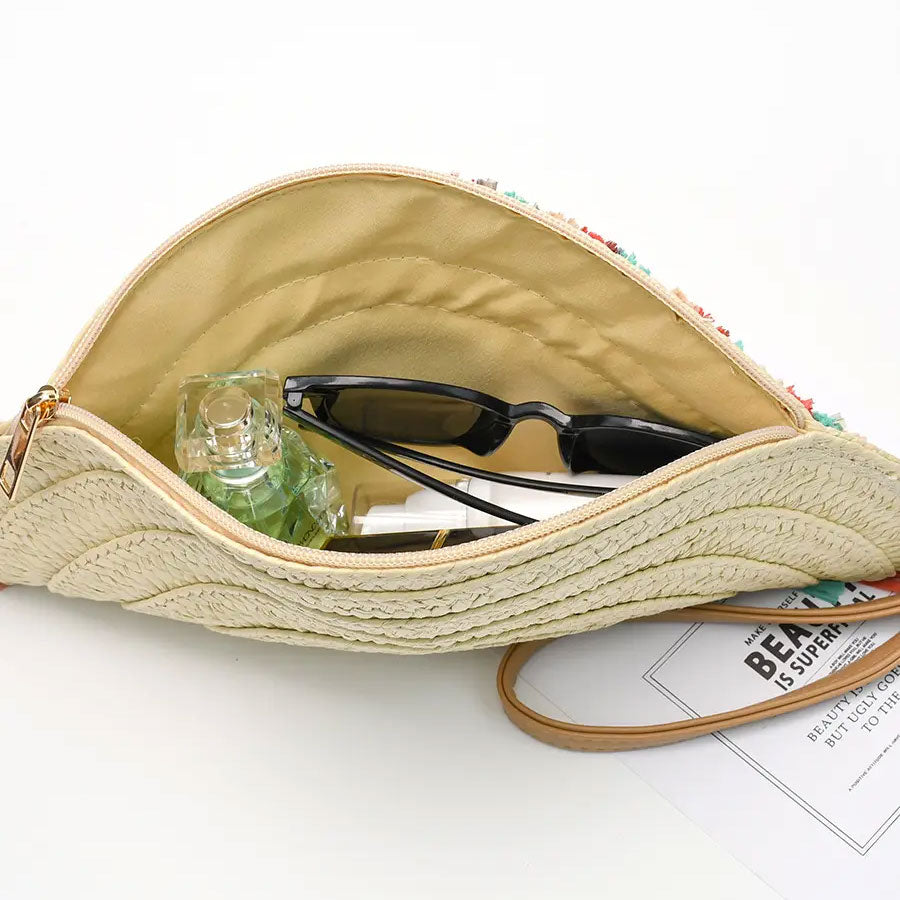 Borsa pochette in paglia con frange colorate e nome personalizzato