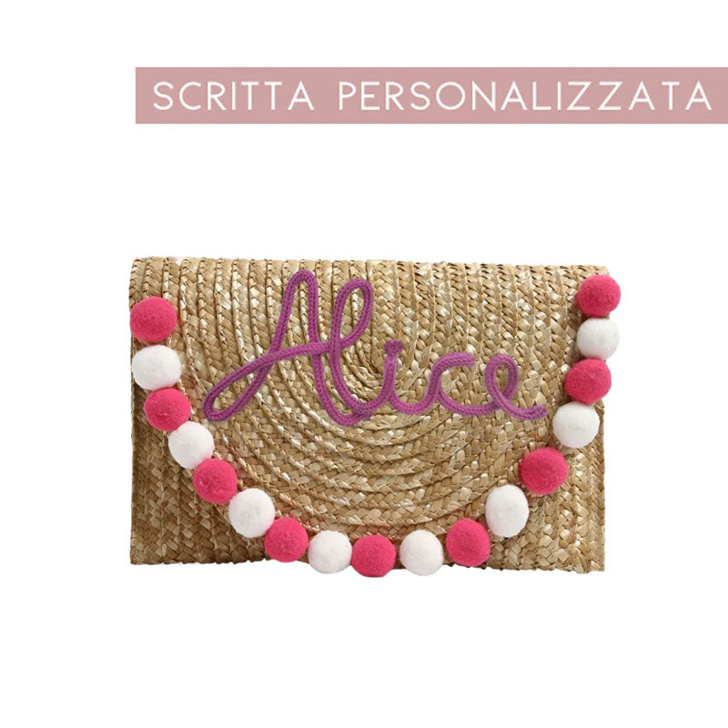 Pochette in paglia Ibiza con scritta personalizzata e pon pom bianchi/rosa