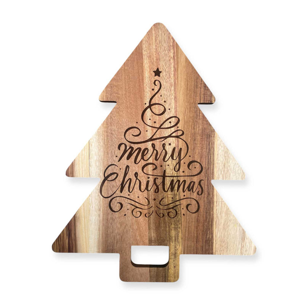 Tagliere a forma di Albero di Natale con incisione Merry Christmas