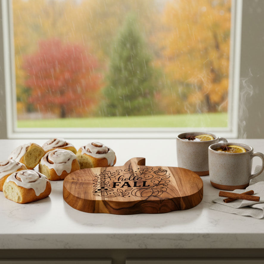 Tagliere in legno a forma di zucca con incisione Hello Fall