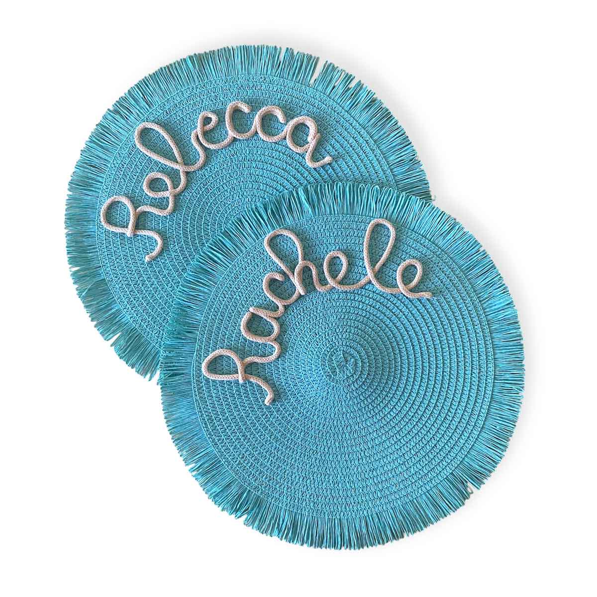 Tovaglietta personalizzata con nome turchese con frange