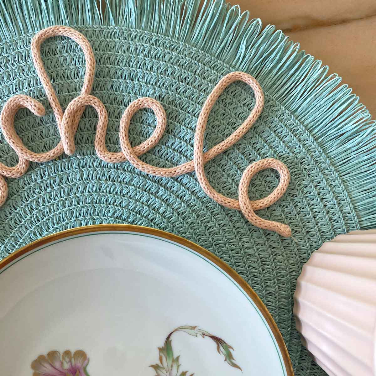 Tovaglietta personalizzata con nome turchese con frange