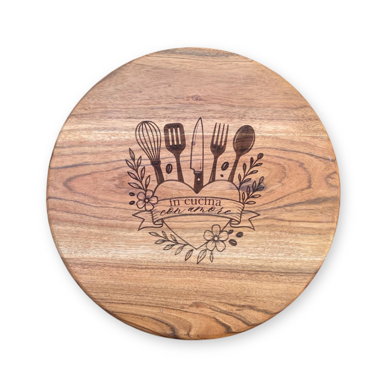 Vassoio rotondo in legno con incisione "In cucina con Amore"