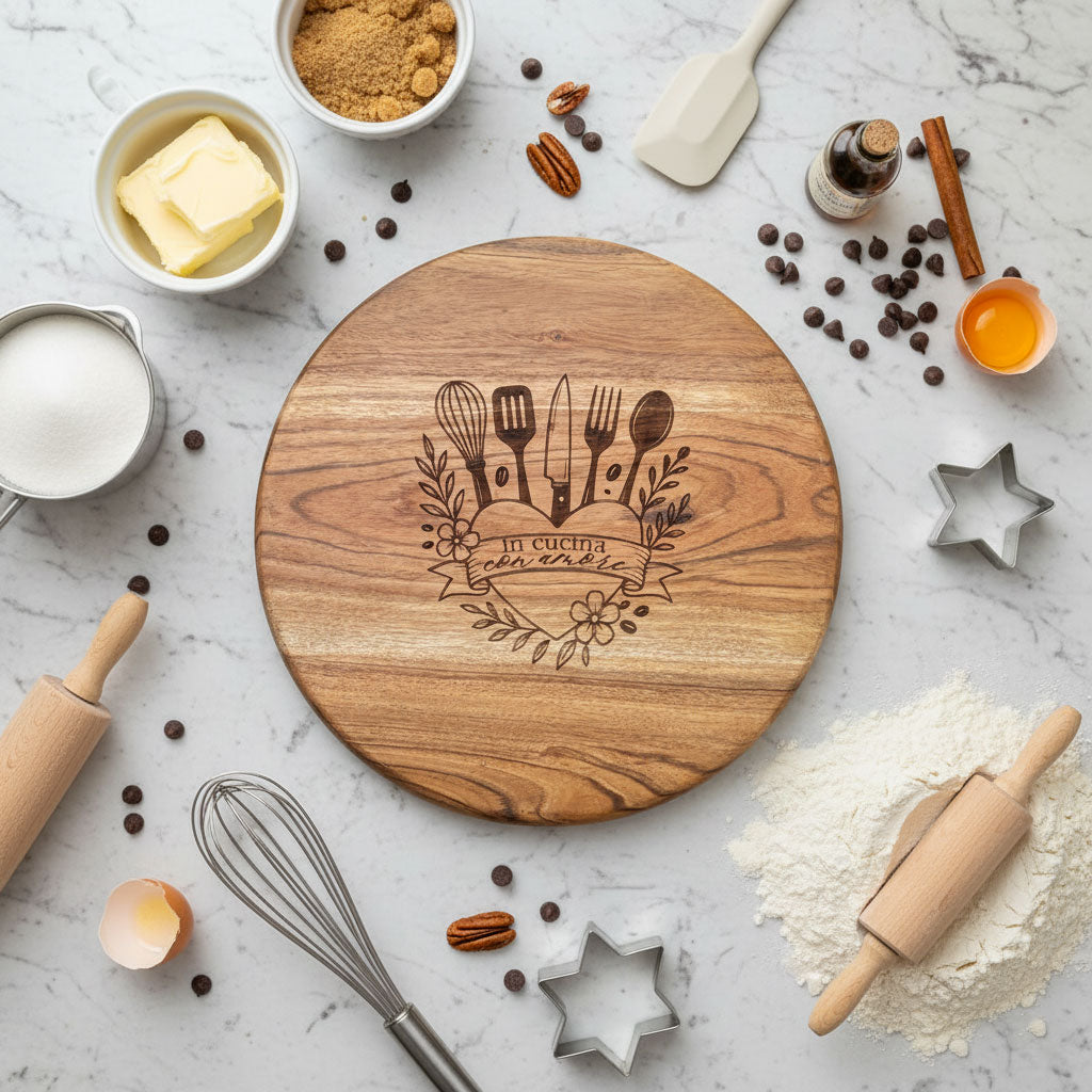Vassoio rotondo in legno con incisione "In cucina con Amore"