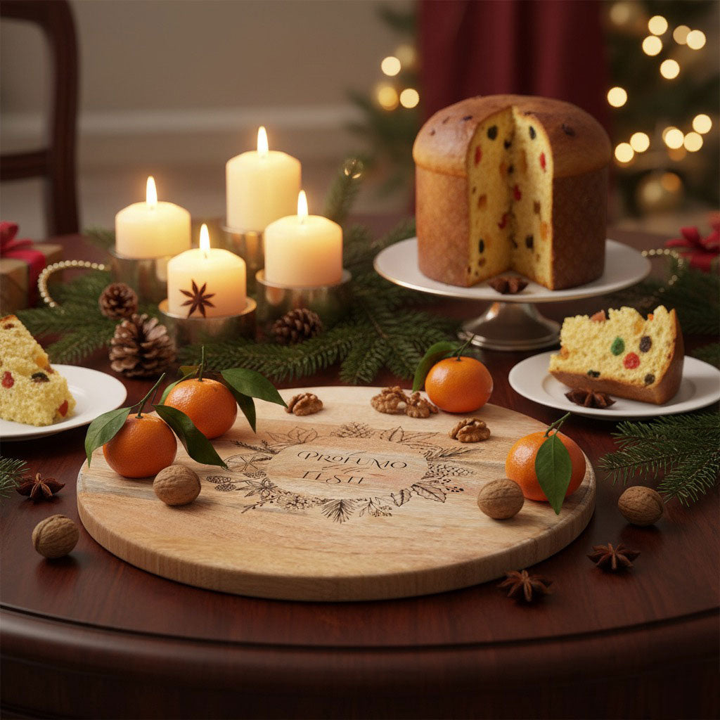 vassoio rotondo in legno con ghirlanda natalizia e incisione "Il Profumo delle Feste.