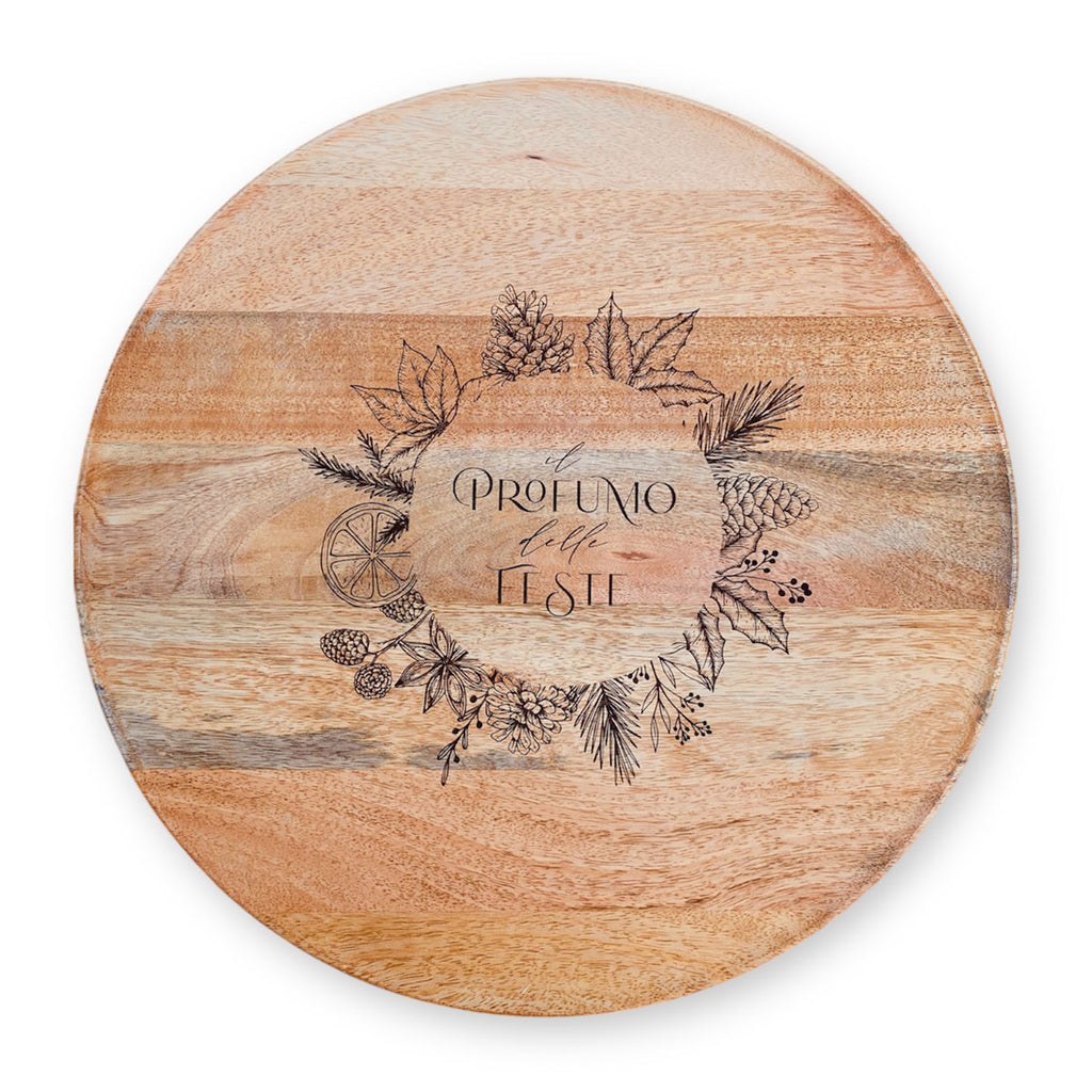 vassoio rotondo in legno con ghirlanda natalizia e incisione "Il Profumo delle Feste