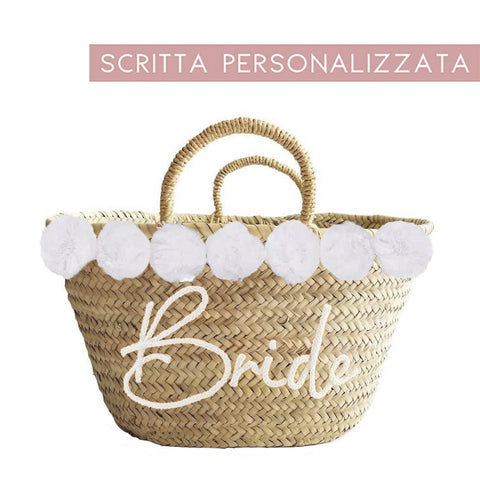 Borsa in paglia con scritta personalizzata e pon pom