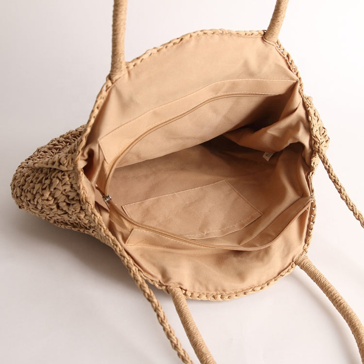 Borsa in paglia rotonda con scritta personalizzata