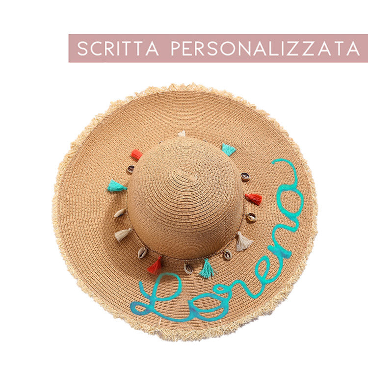 Cappello in paglia con conchiglie con scritta personalizzata