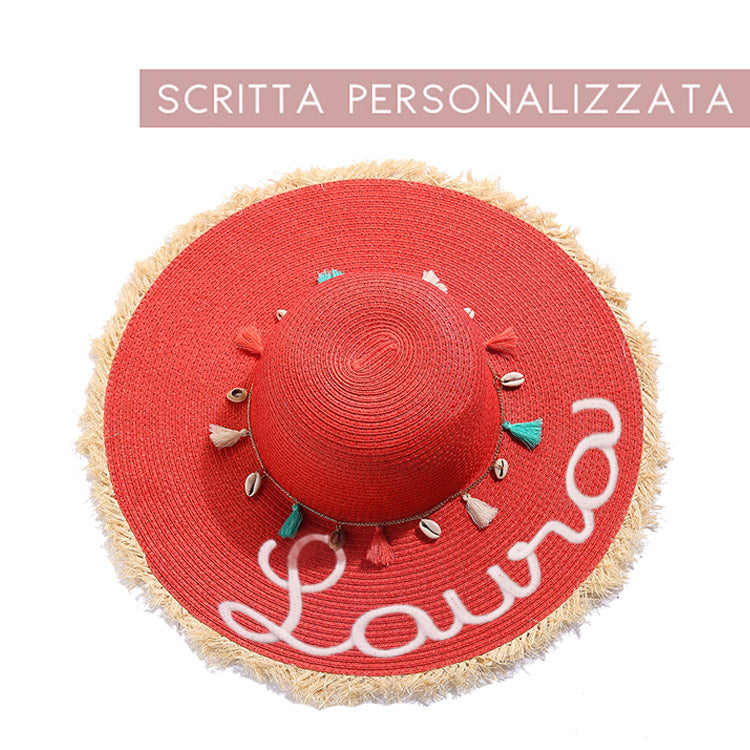 Cappello in paglia con conchiglie con scritta personalizzata