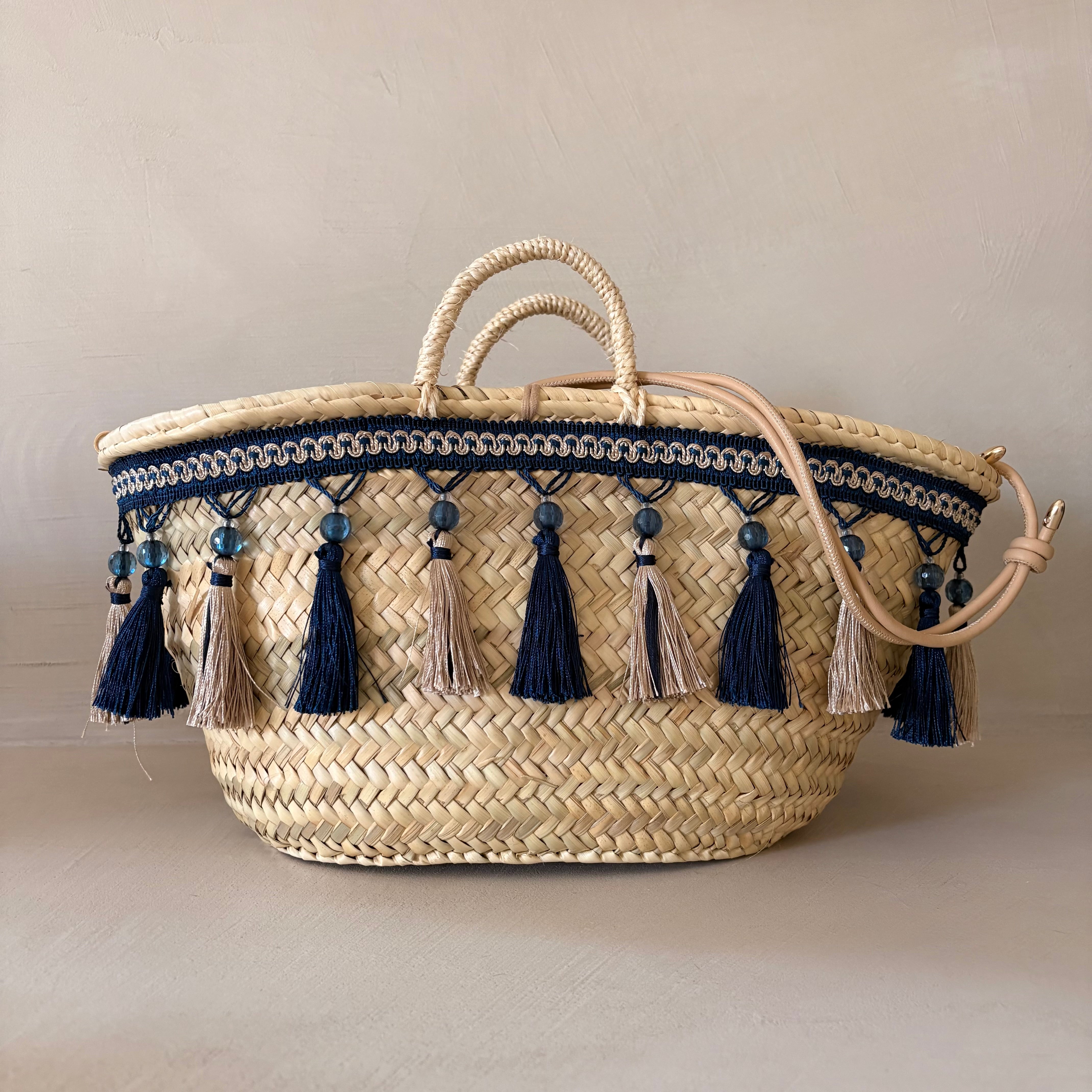 Borsa in paglia Zagara con nappe navy