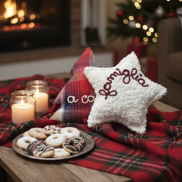 Cuscino a forma di Albero di Natale in tessuto tartan con scritta personalizzabile