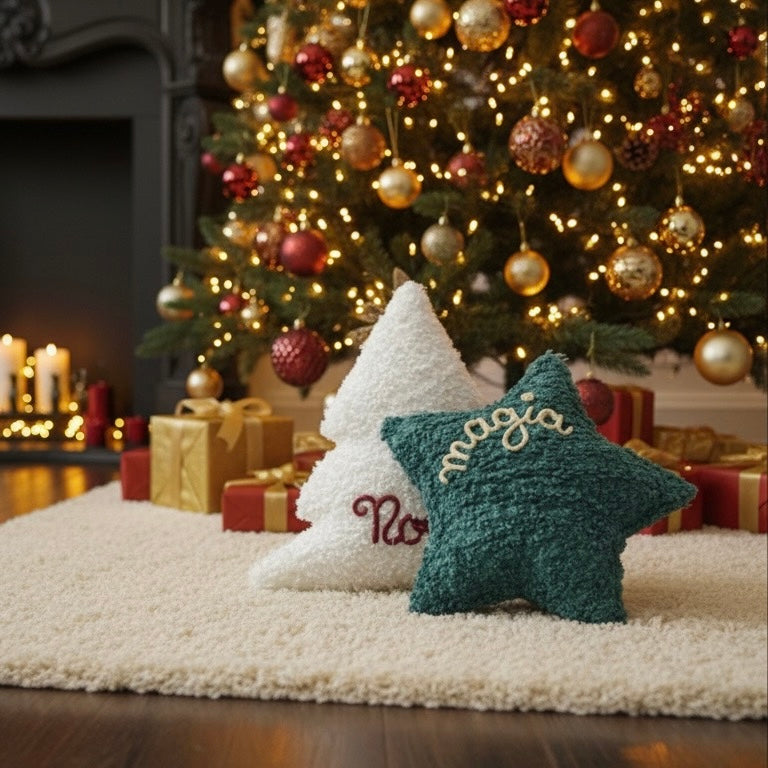 Cuscino a forma di stella tessuto bouclè teddy con scritta personalizzata