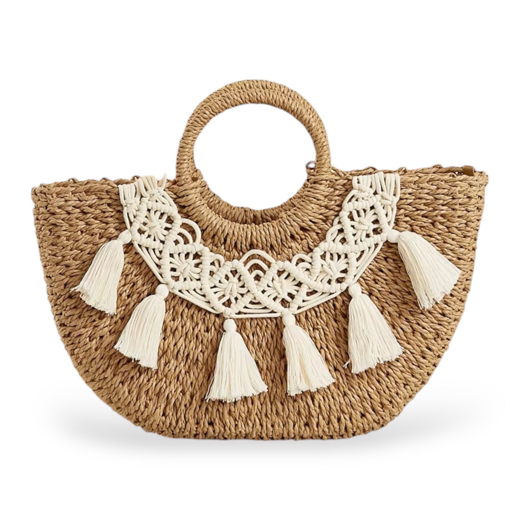 Borsa in paglia con decorazione in macramè