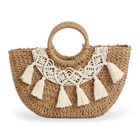 Borsa in paglia con decorazione in macramè