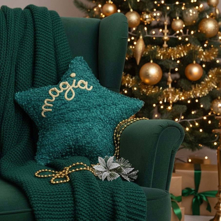 Cuscino a forma di stella tessuto bouclè teddy con scritta personalizzata