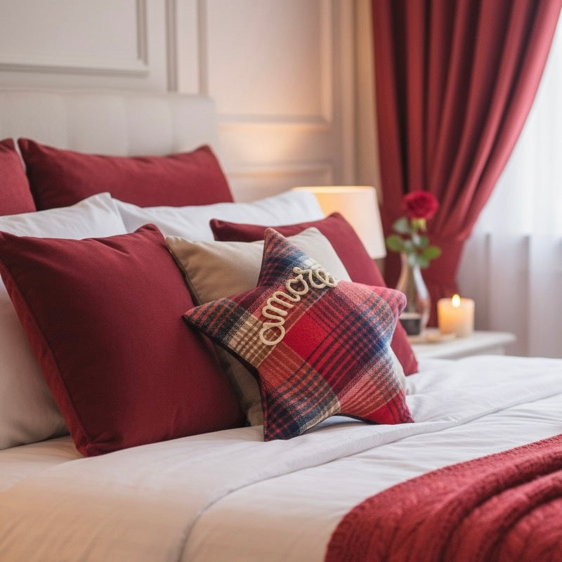 Cuscino a forma di stella tessuto tartan con scritta personalizzata