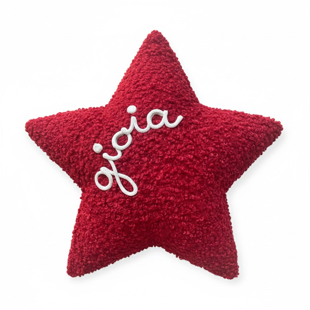 Cuscino a forma di stella tessuto bouclè rosso teddy con scritta personalizzata