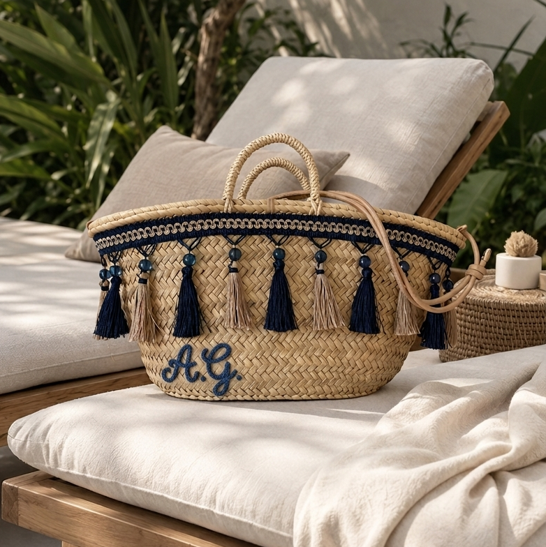 Borsa in paglia Zagara con nappe navy