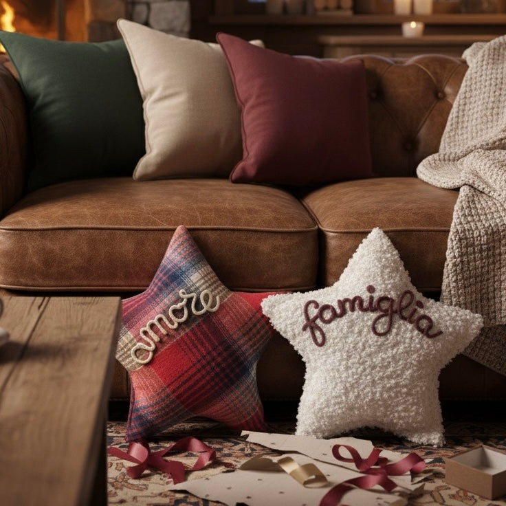 Cuscino a forma di stella tessuto tartan con scritta personalizzata