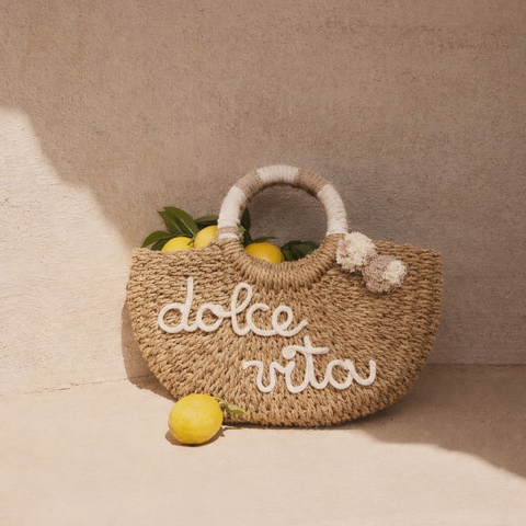 Borsa in paglia Sorea con scritta e manici colorati