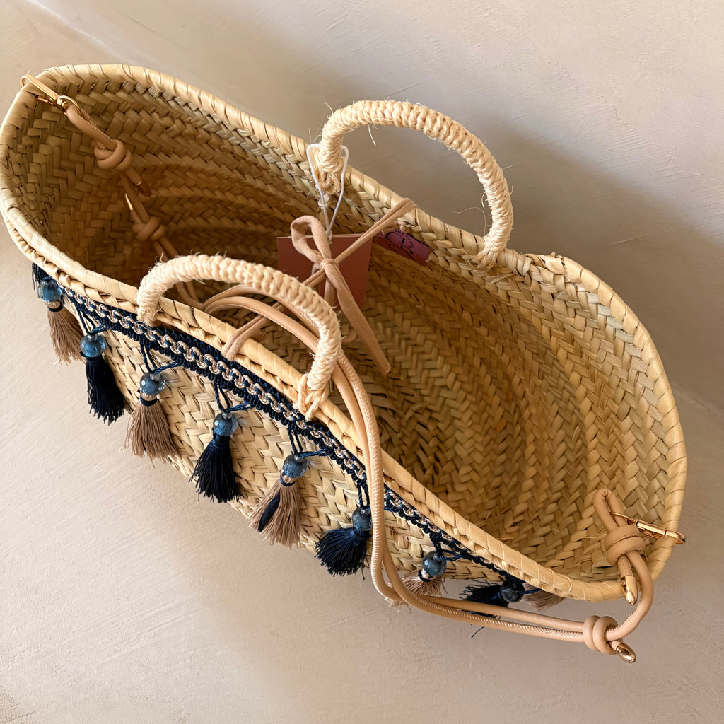 Borsa in paglia Zagara con nappe navy