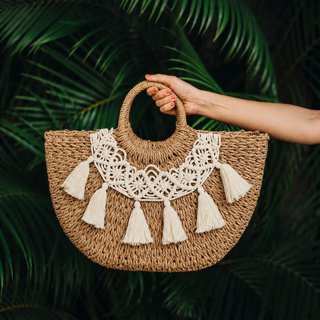 Borsa in paglia con manico rotondo e decoro macramè