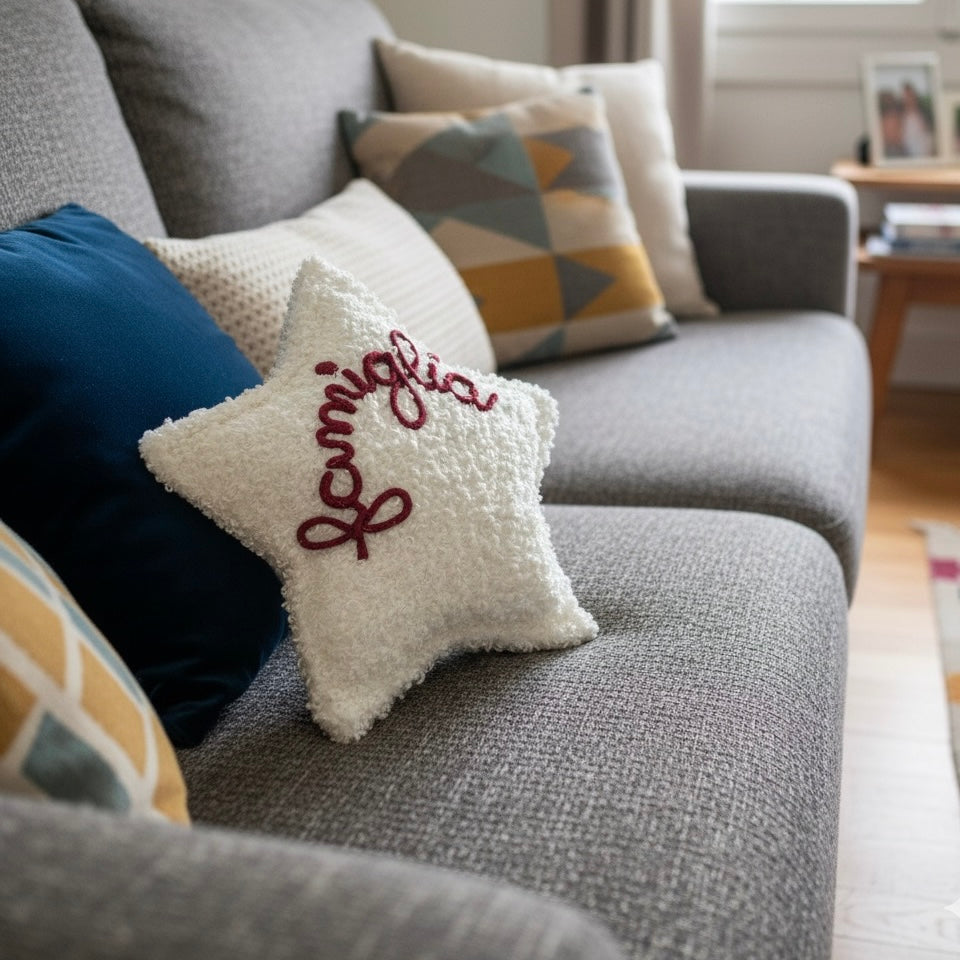 Cuscino a forma di stella tessuto bouclè teddy con scritta personalizzata
