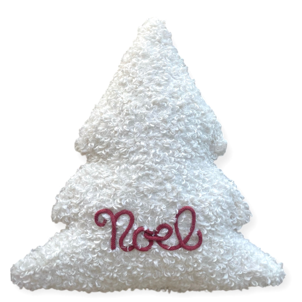 Cuscino a forma di albero di Natale in tessuto bouclè teddy bianco con scritta personalizzata