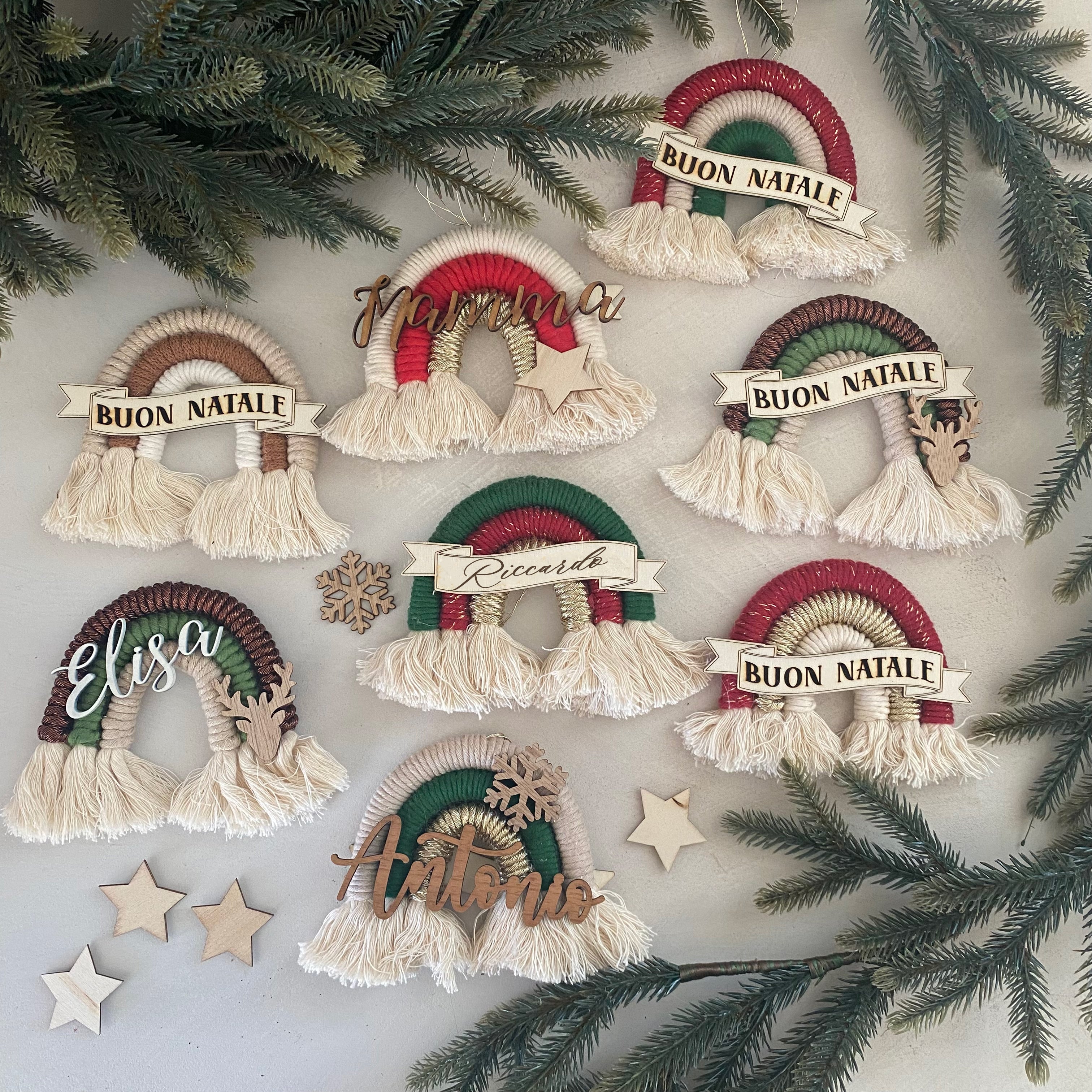 Addobbo albero Natale Arcobaleno Macramè con Nome Personalizzato
