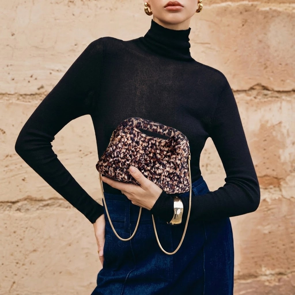 Borsa clutch all’uncinetto in fettuccia maculata animalier leopardo