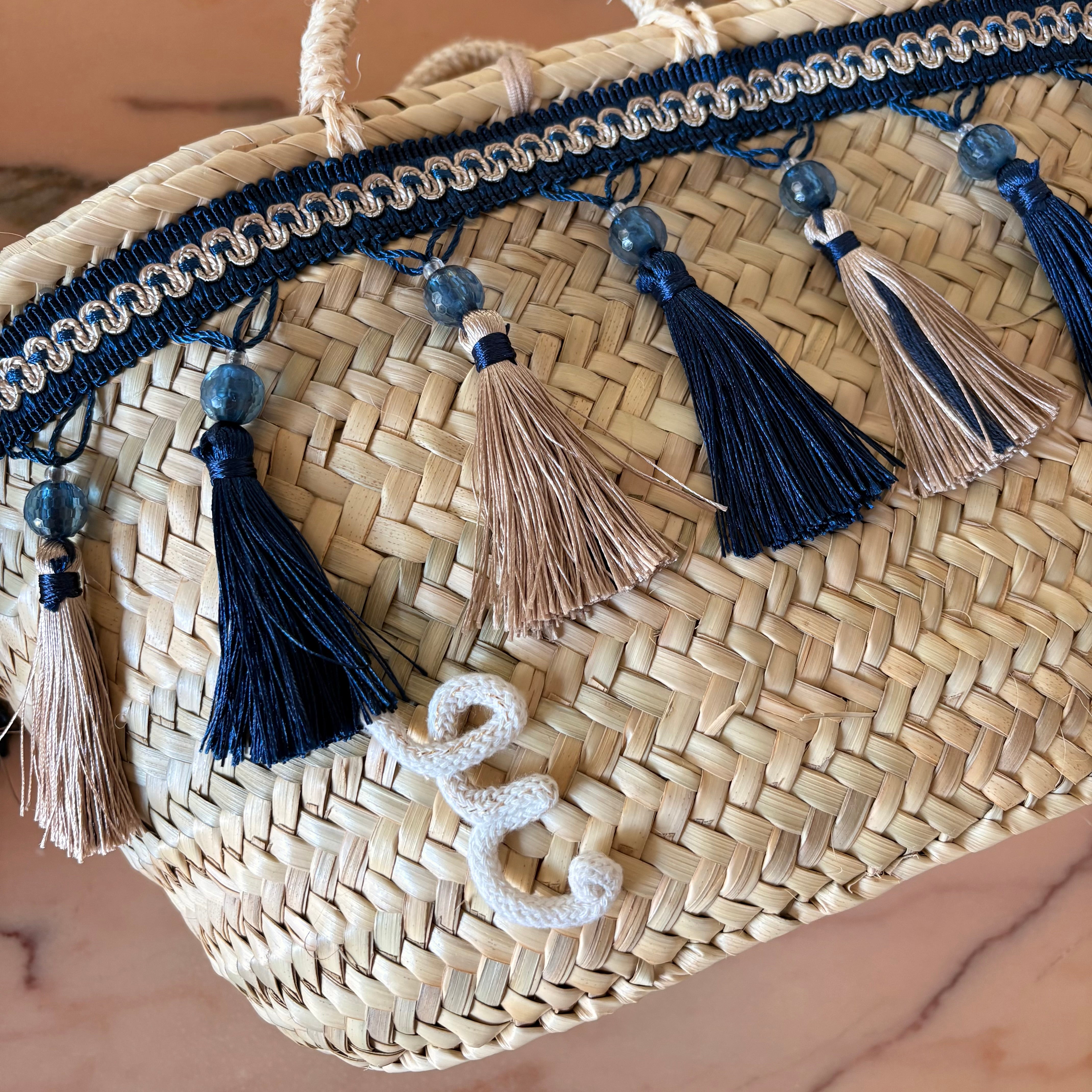 Borsa in paglia Zagara con nappe navy