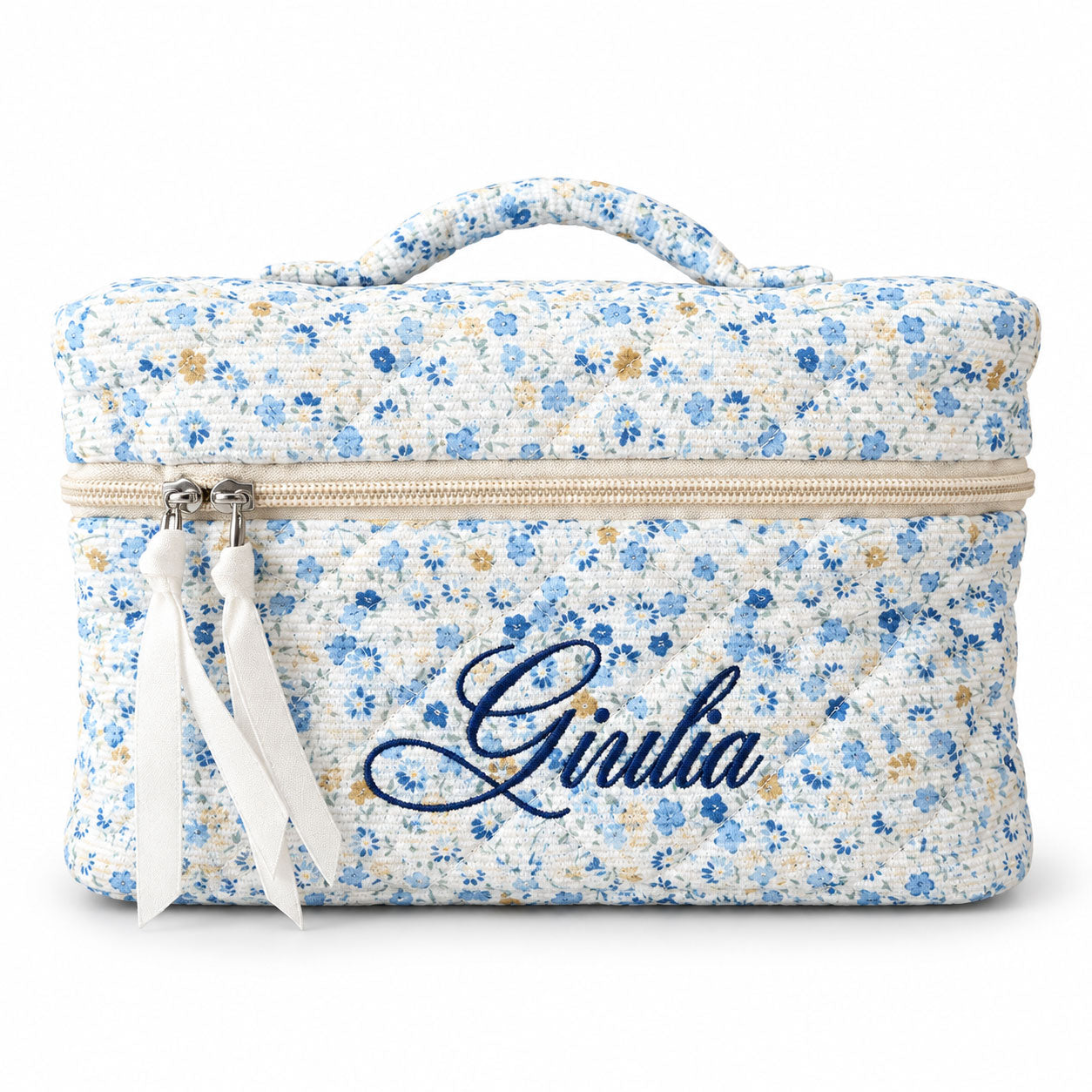 Beauty Case Personalizzato con Nome Ricamato in Velluto Floreale Blu