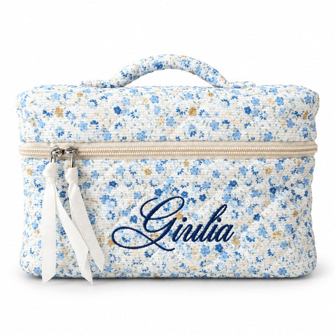 Beauty Case Personalizzato con Nome Ricamato in Velluto Floreale Blu