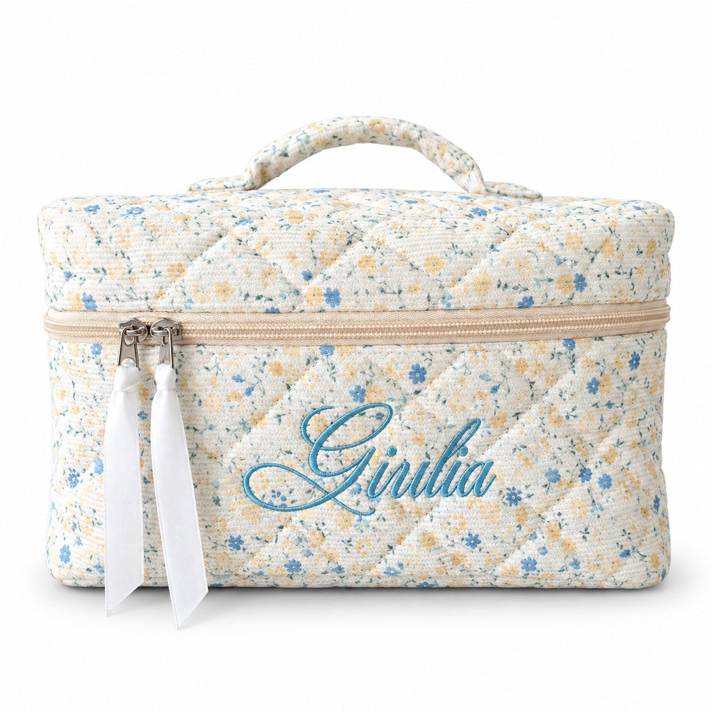 Beauty Case Personalizzato con Nome Ricamato in Velluto Floreale Giallo