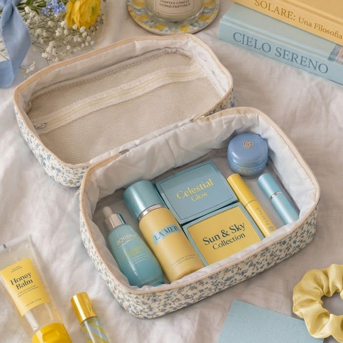 Beauty Case Personalizzato con Nome Ricamato in Velluto Floreale Giallo