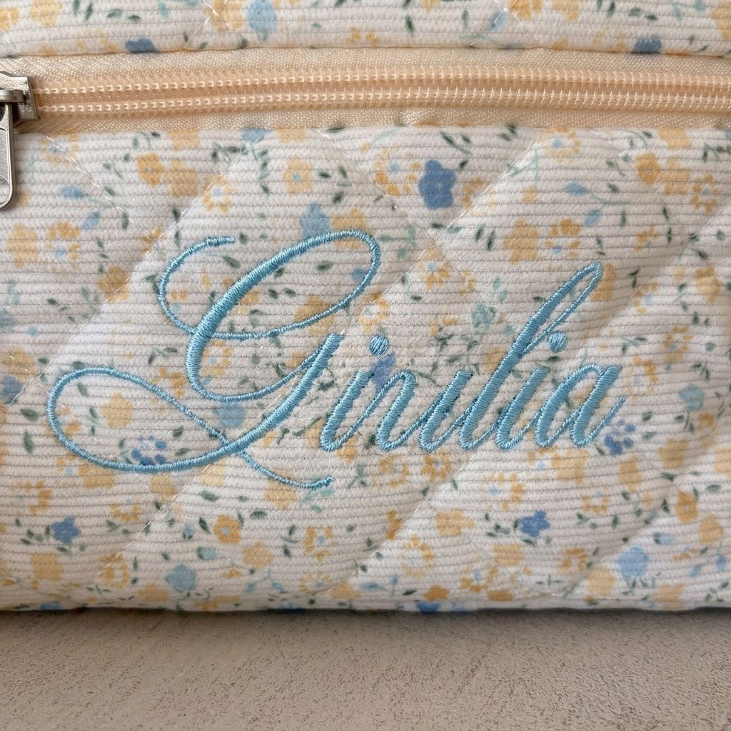 Beauty Case Personalizzato con Nome Ricamato in Velluto Floreale Giallo