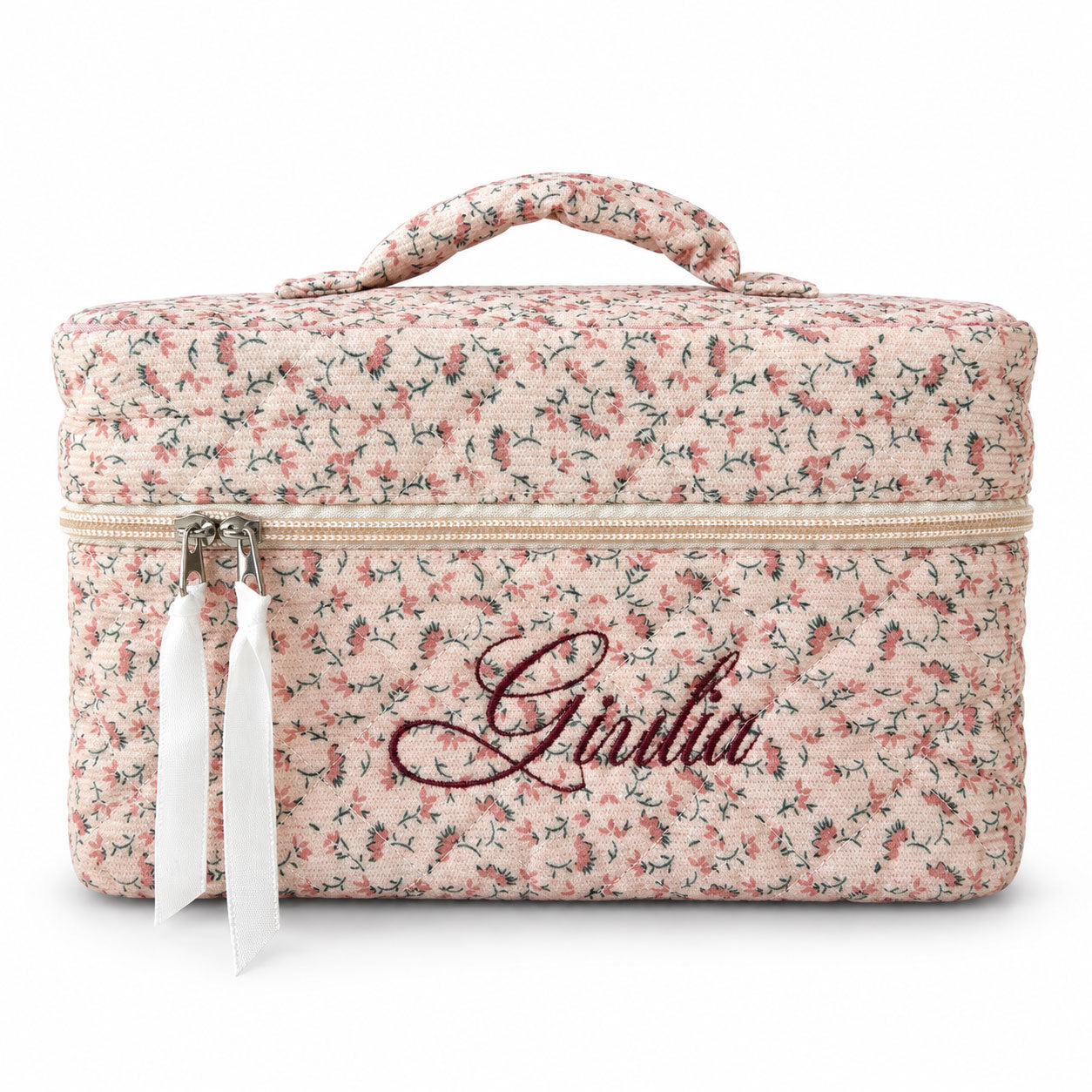 Beauty Case Personalizzato con Nome Ricamato in Velluto Trapuntato Floreale Rosa
