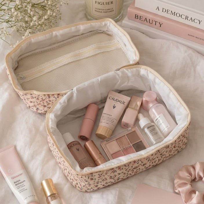 Beauty Case Personalizzato con Nome Ricamato in Velluto Trapuntato Floreale Rosa
