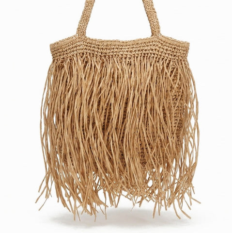 Borsa grande da spiaggia in paglia intrecciata con frange