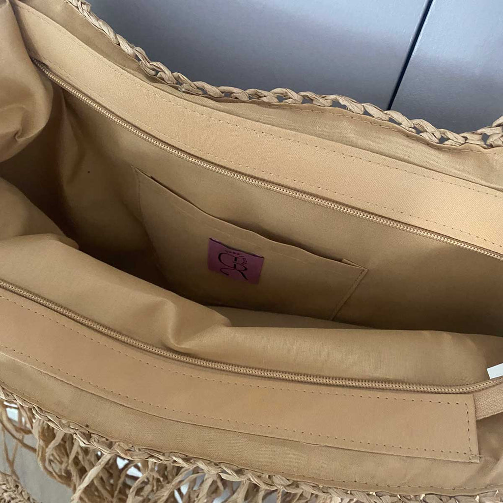 Borsa grande da spiaggia in paglia intrecciata con frange